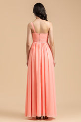 Elegant A-line One Shoulder Coral Chiffon Long Bridesmaid Dress-27dress